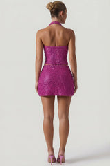 Embellished Halterneck Corset Top in Magenta