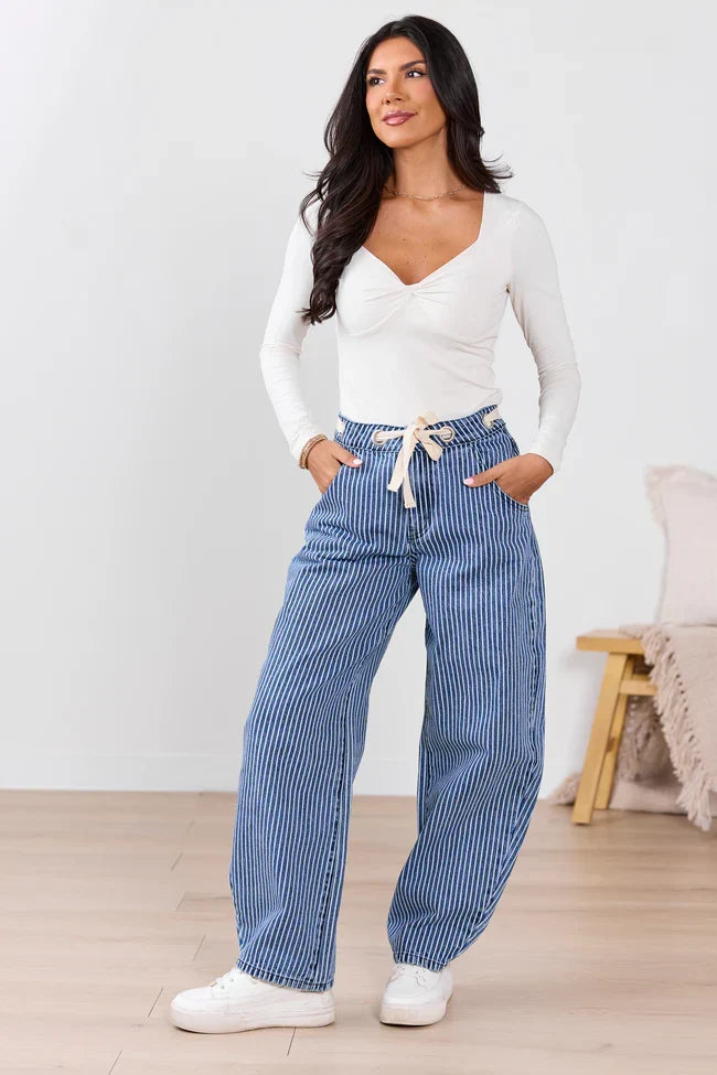 Olivia Navy Pinstripe Barrel Jeans SALE