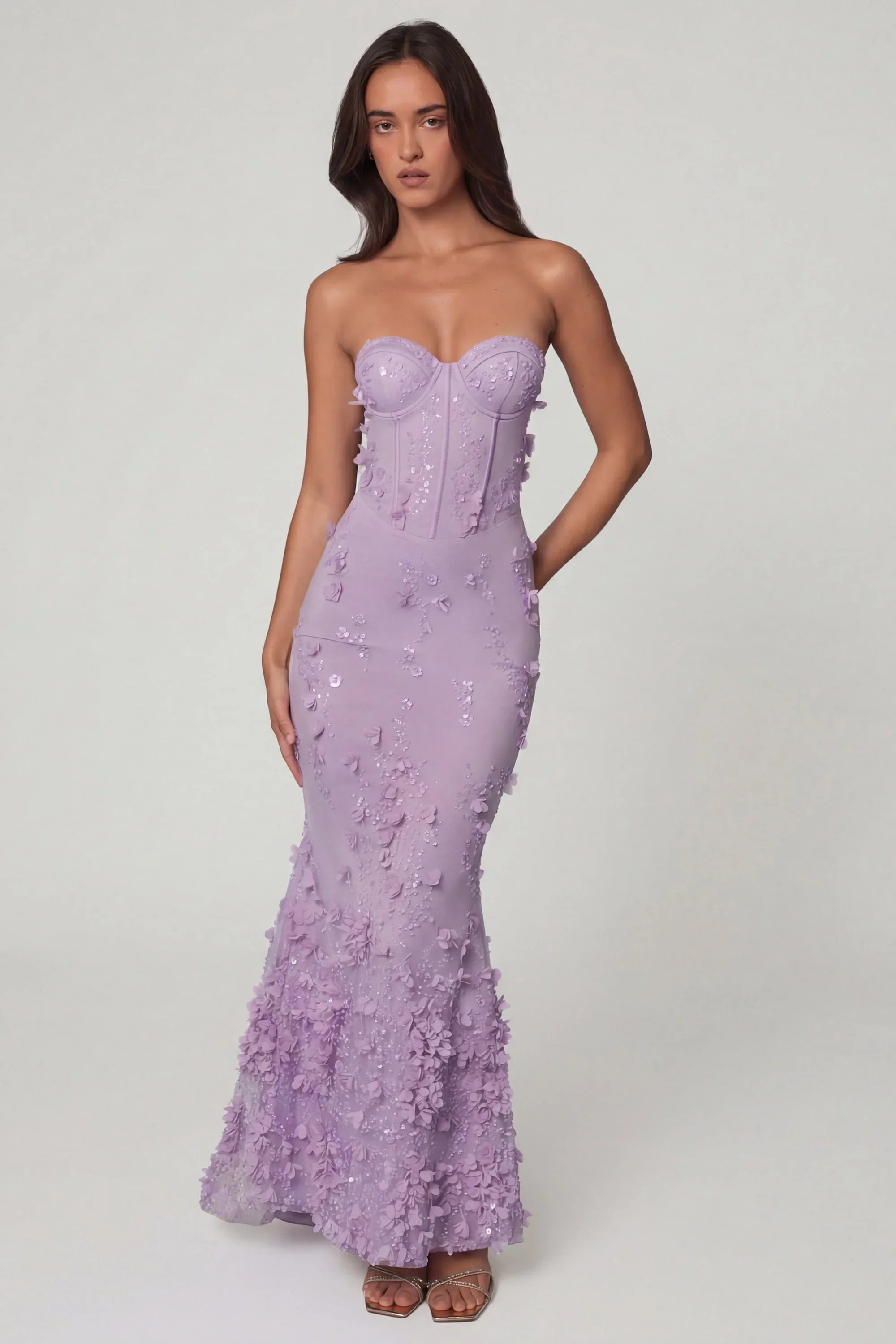 Lace Up Corset Maxi Dress in Lilac
