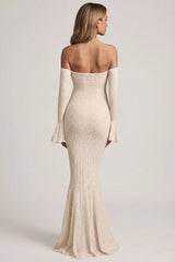 Off Shoulder Ruffle Lace Maxi Dress in Ivory