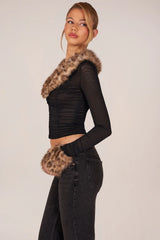 Faux Fur Trim Sheer Mesh Cardigan in Black
