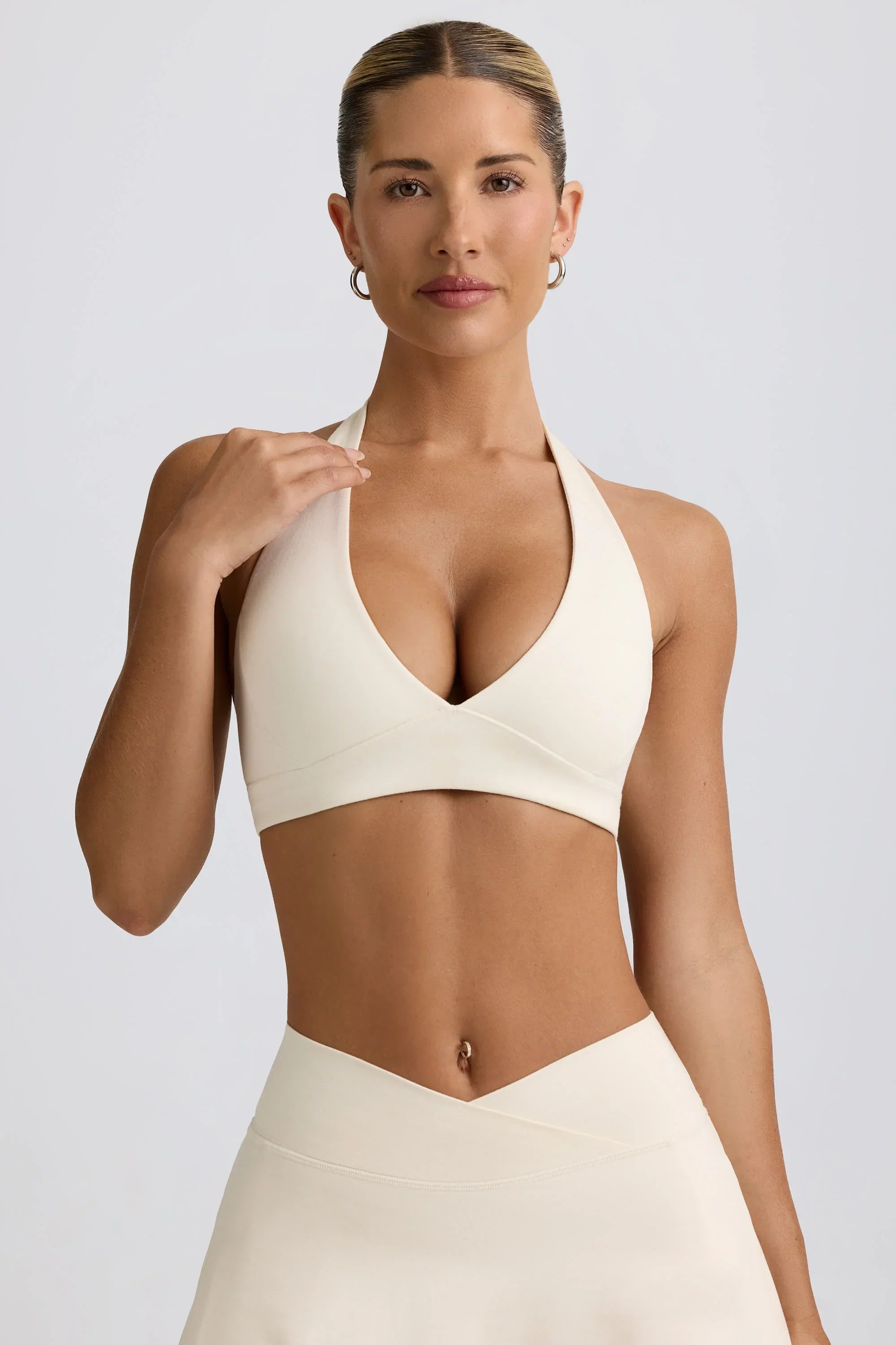 Brushed Jersey V Neck Sports Bra in Vanilla