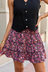 Through The Garden Black Pink Floral Mini Skort