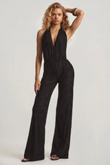Devoré Halterneck Open Back Jumpsuit in Black