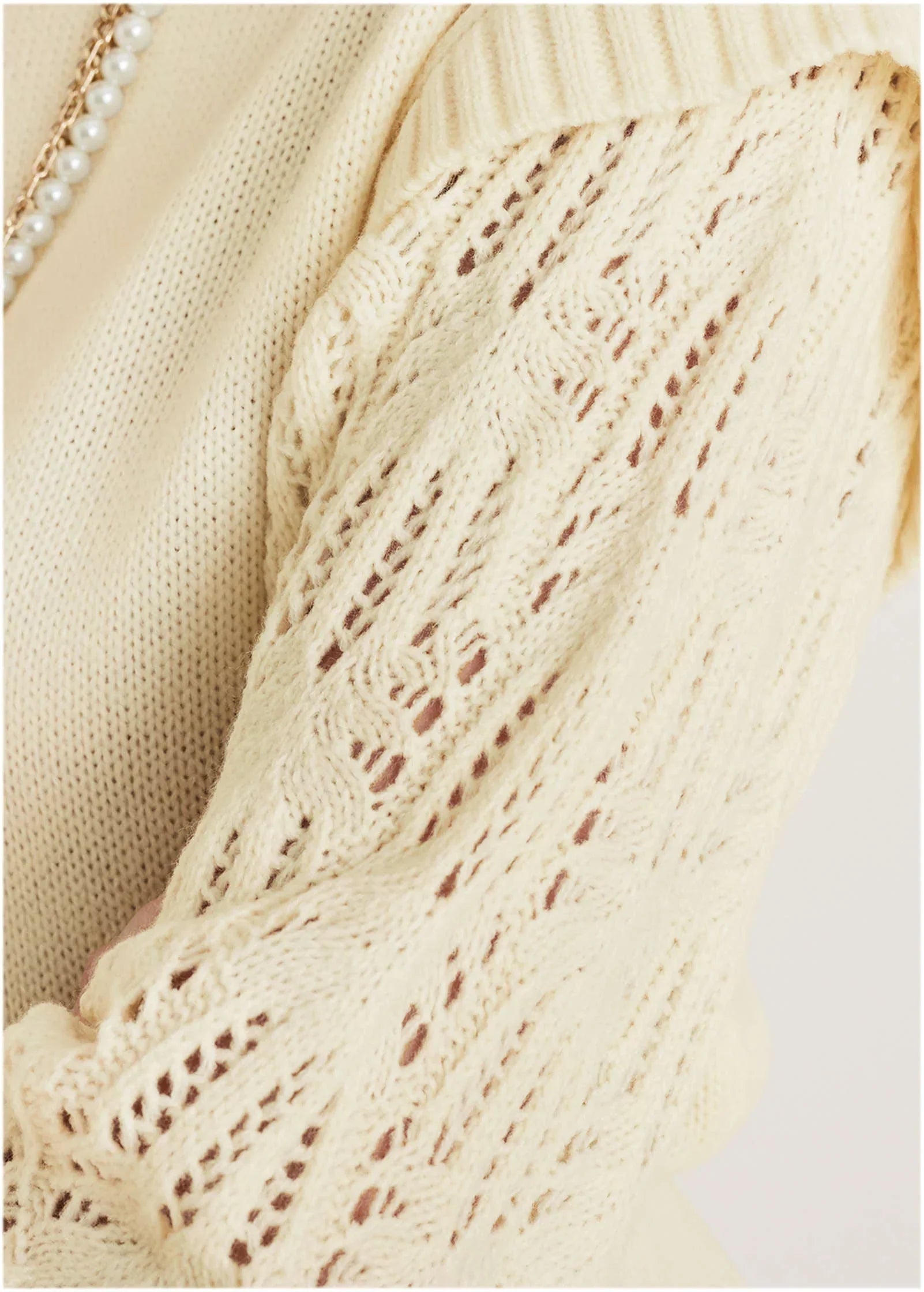 Pointelle Sleeve Crew Neck Off White