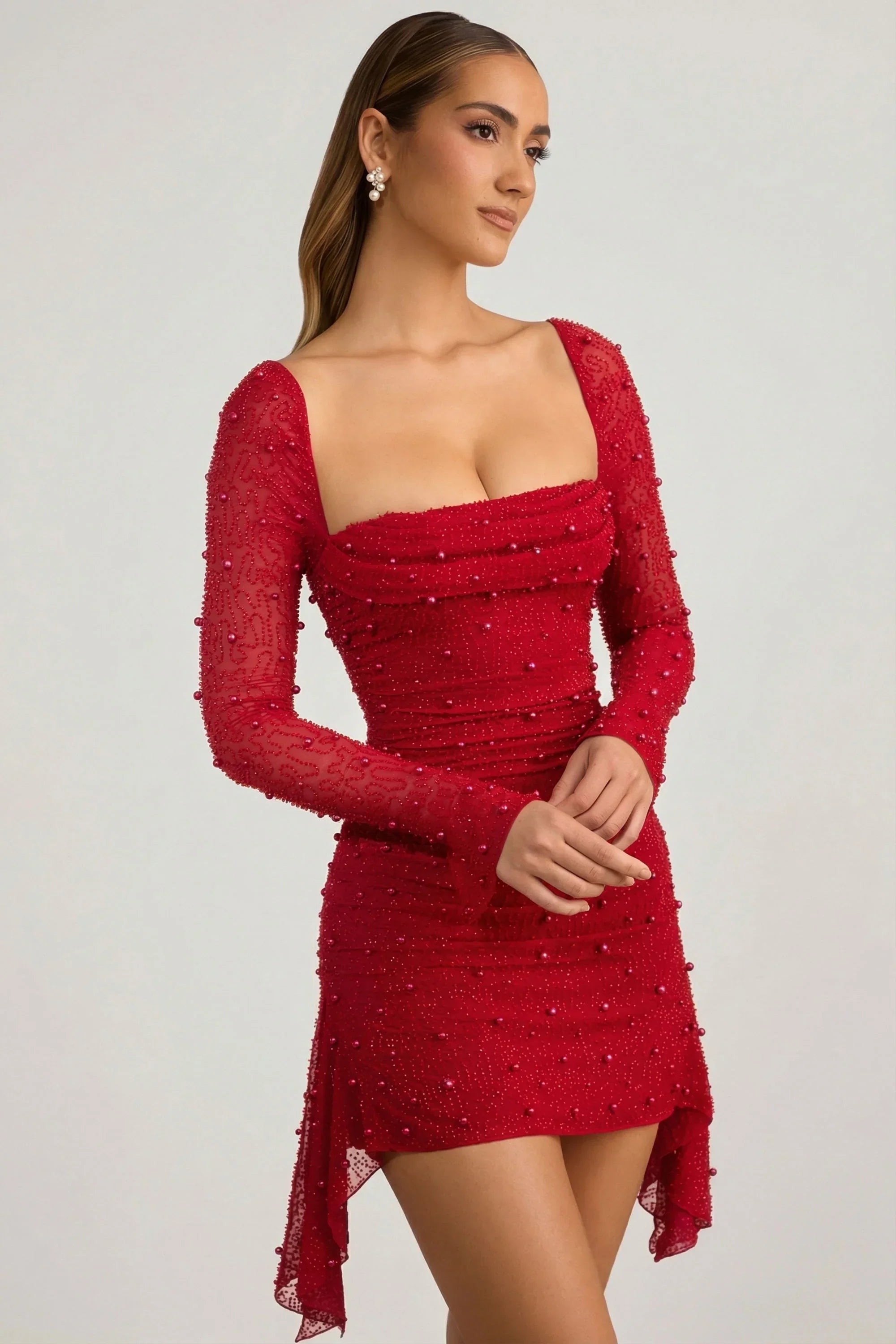 Embellished Cowl Neck Draped Mini Dress in True Red