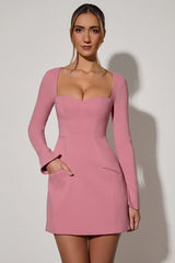 Sweetheart Neck Long Sleeve A Line Mini Dress in Dusty Pink