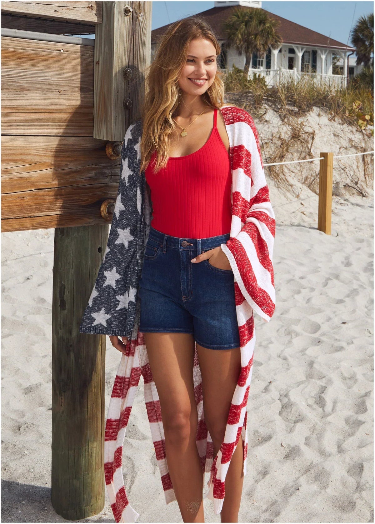 Cotton Americana Cardigan Racing Red Multi