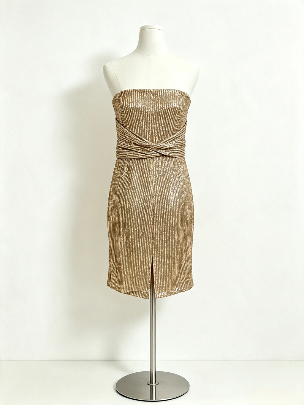 Gold Sequin Strapless Wrap Slit Mini Dress