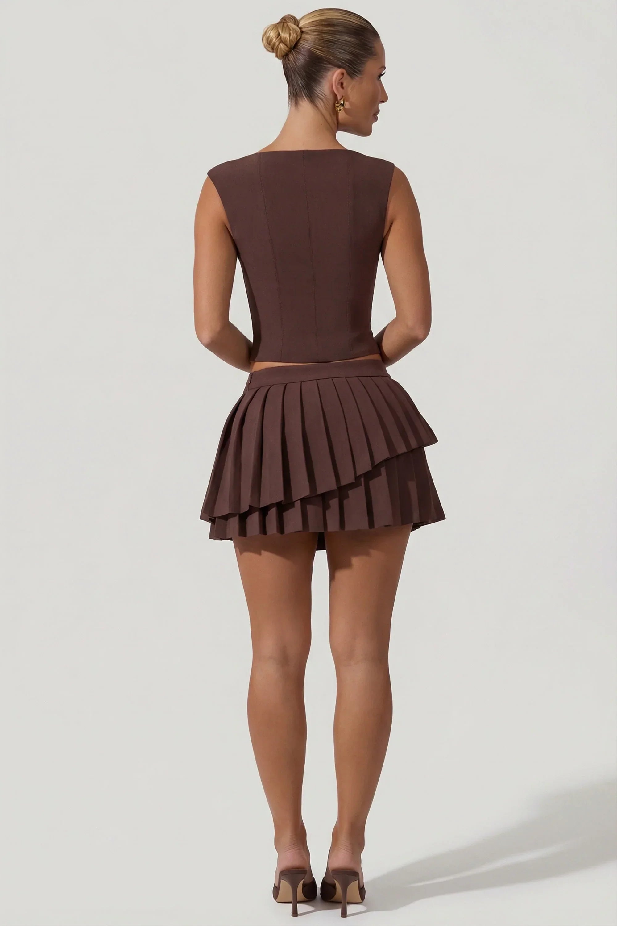 Layered Pleated Low Rise Mini Skirt in Chocolate Brown
