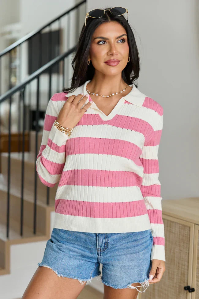Hillary Pink Striped V Neck Sweater