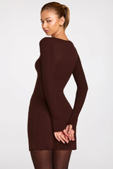 Ribbed Modal Long Sleeve Laced Bra Mini Dress in Chocolate Brown