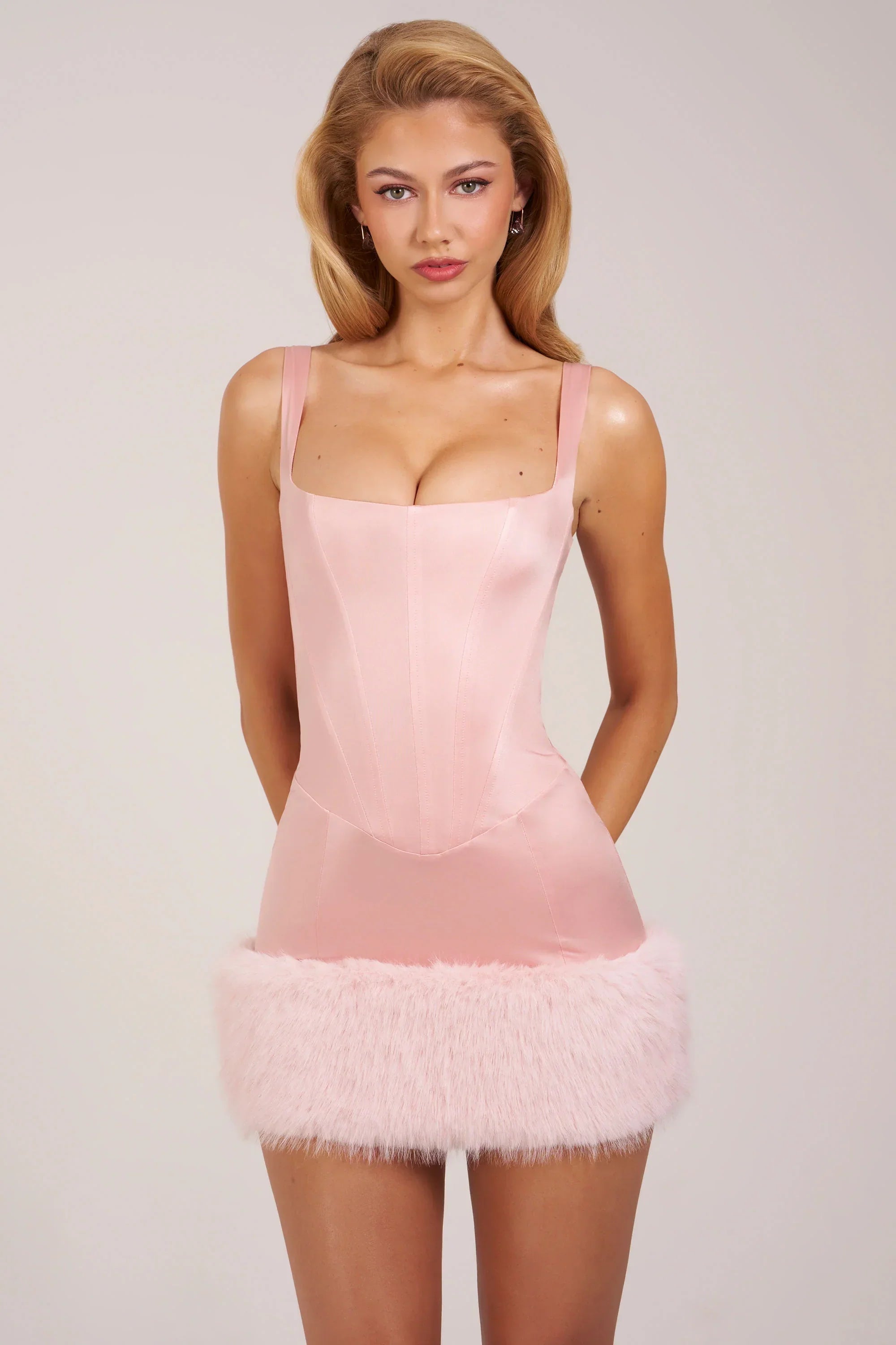 Satin Square Neck Corset Faux Fur Mini Dress in Blush Pink