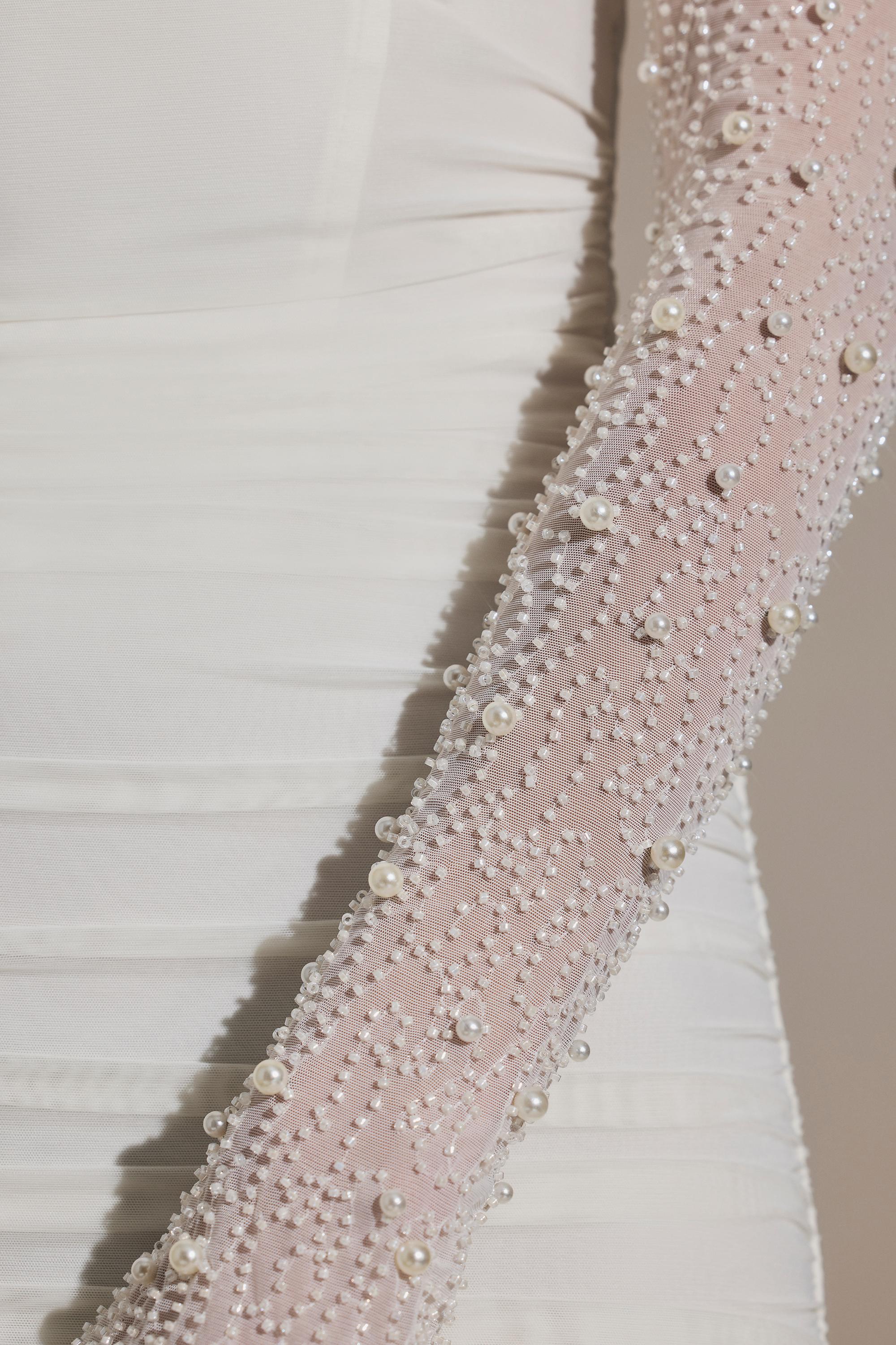 Embellished Long Sleeve Mini Dress in White