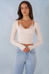 Ribbed Modal Long Sleeve Laced Bra Top in Ivory