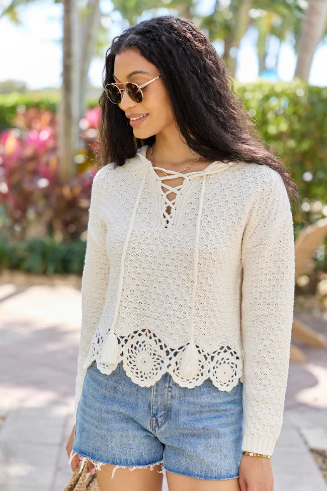 Harrisyn Ivory Cropped Crochet V Neck Hoodie