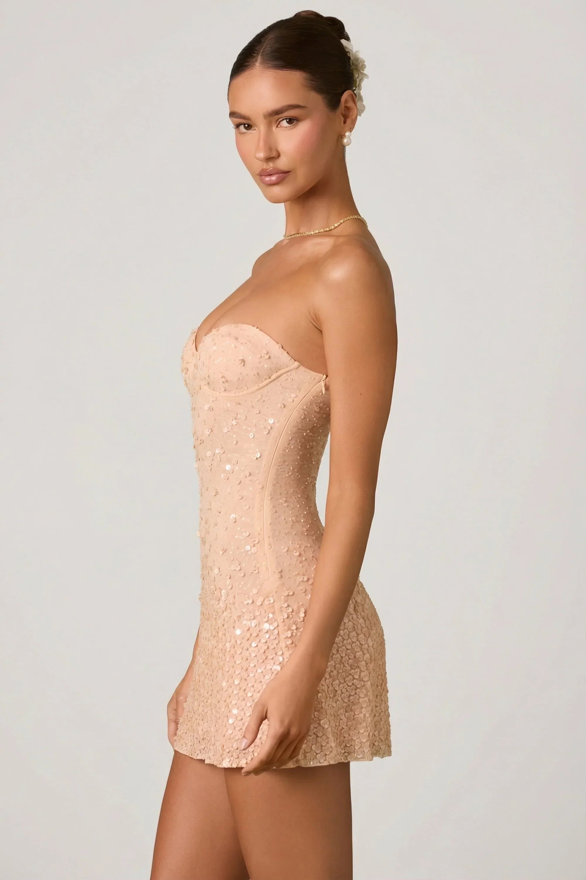 Embellished Sweetheart Neck A Line Mini Dress in Apricot