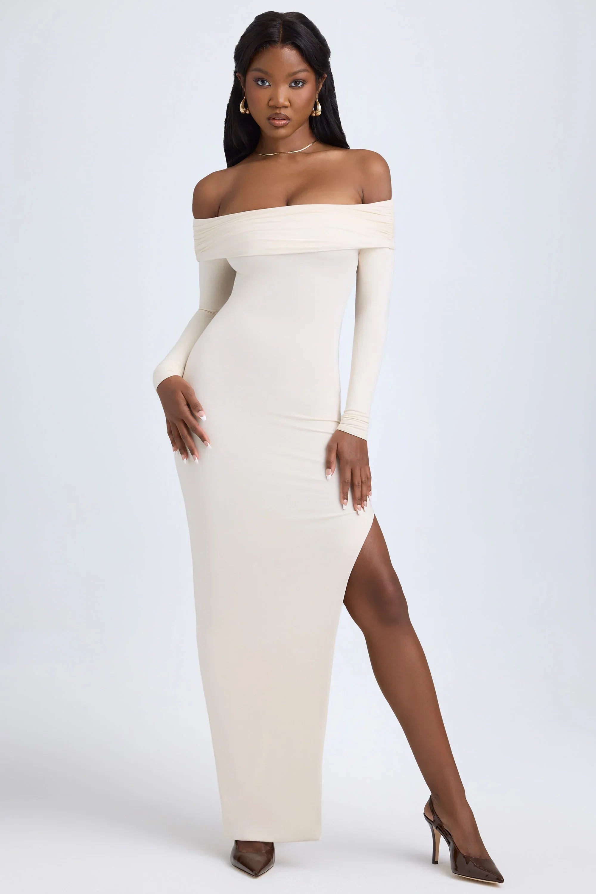 Modal Off Shoulder Open Back Maxi Dress in Ivory