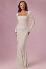 Lace Long Sleeve Maxi Dress in Pearl