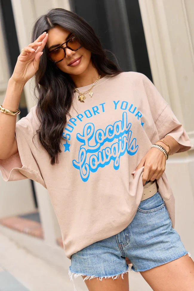 Support Your Local Cowgirls Taupe Oversized Graphic Tee