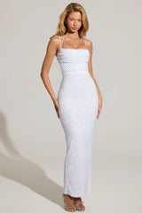 Embellished Cowl Neck Maxi Dress in White
