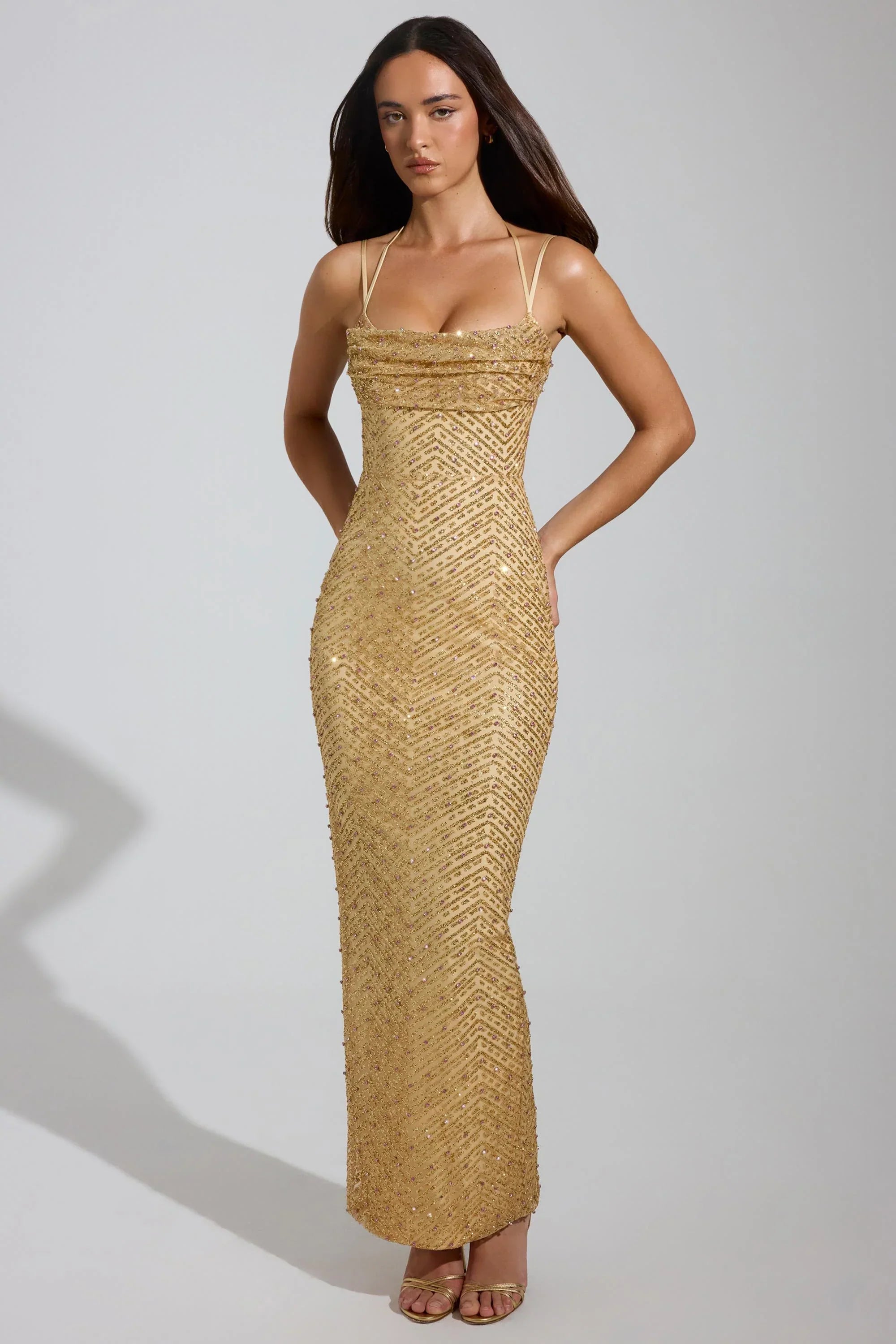 Embellished Cowl Neck Maxi Dress in Gold