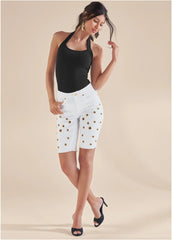 Grommet Detail Shorts White Denim