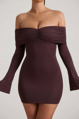 Modal Cashmere Blend Off Shoulder Ruched Mini Dress in Espresso