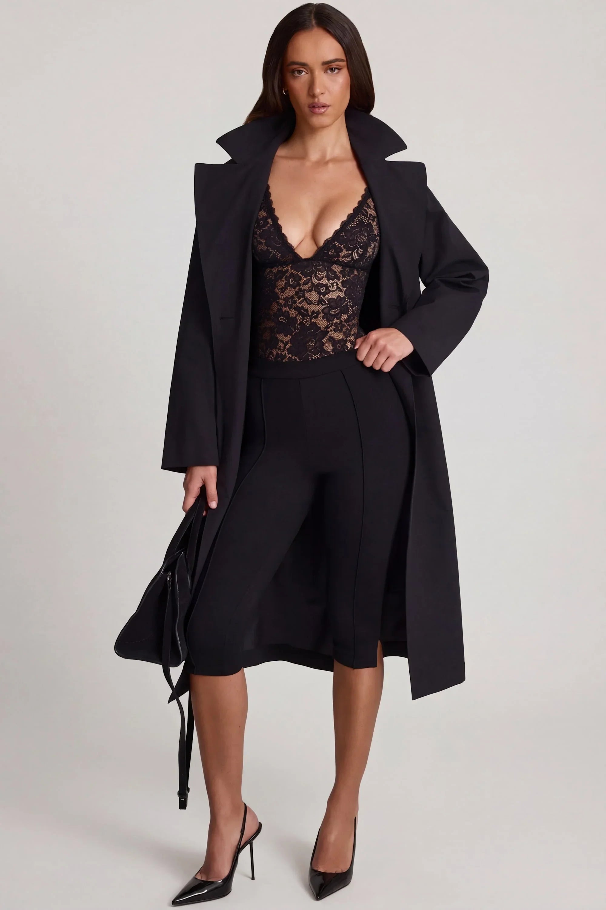 Sheer Lace Scalloped Plunge Neck Bodysuit in Black