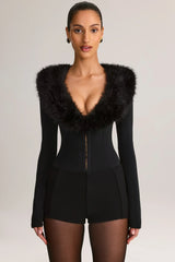 Faux Fur Trim Corset Playsuit in Black