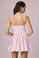 Bow Detail A Line Mini Dress in Soft Mauve Stripe