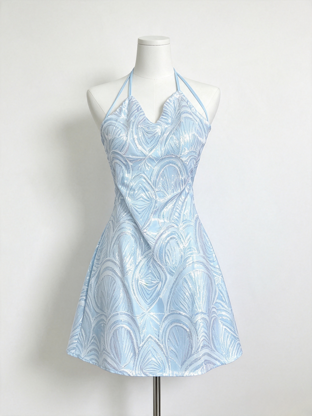 Light Blue Iridescent Sequin Halter Mini Dress