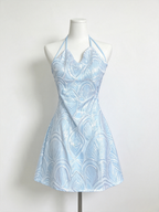 Light Blue Iridescent Sequin Halter Mini Dress