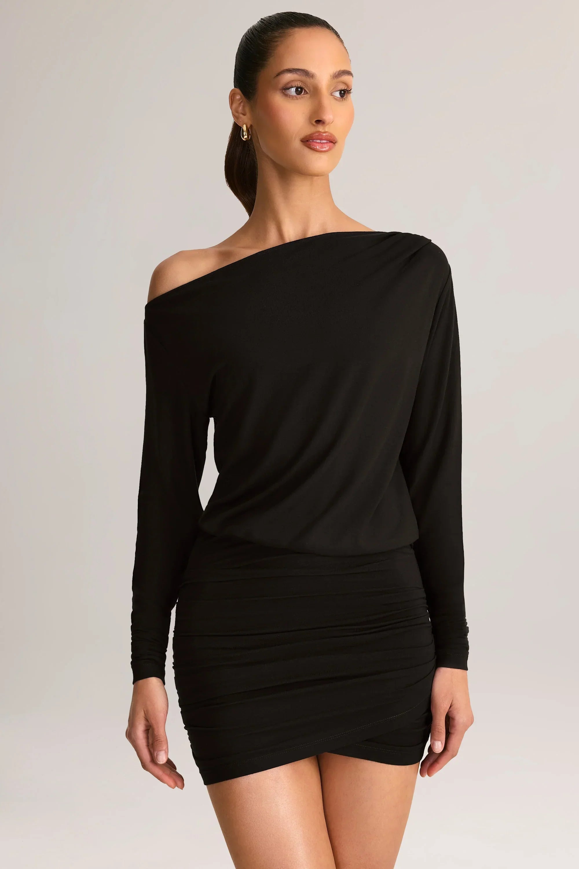Modal Off Shoulder Wrap Mini Dress in Black