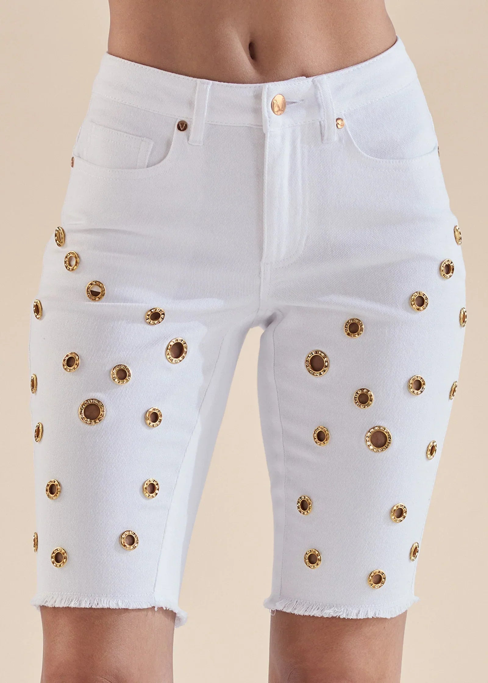 Grommet Detail Shorts White Denim