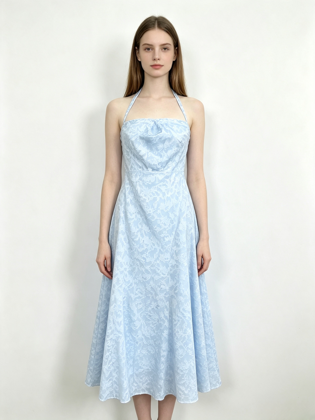 Light Blue Floral Halter Midi Dress