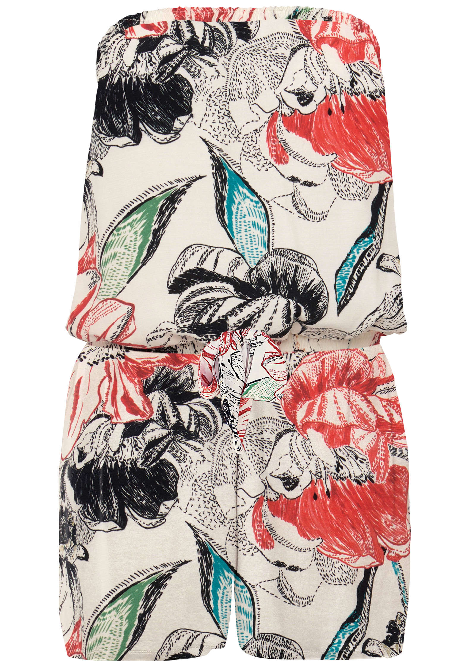 Strapless Blouson Romper Red Multi