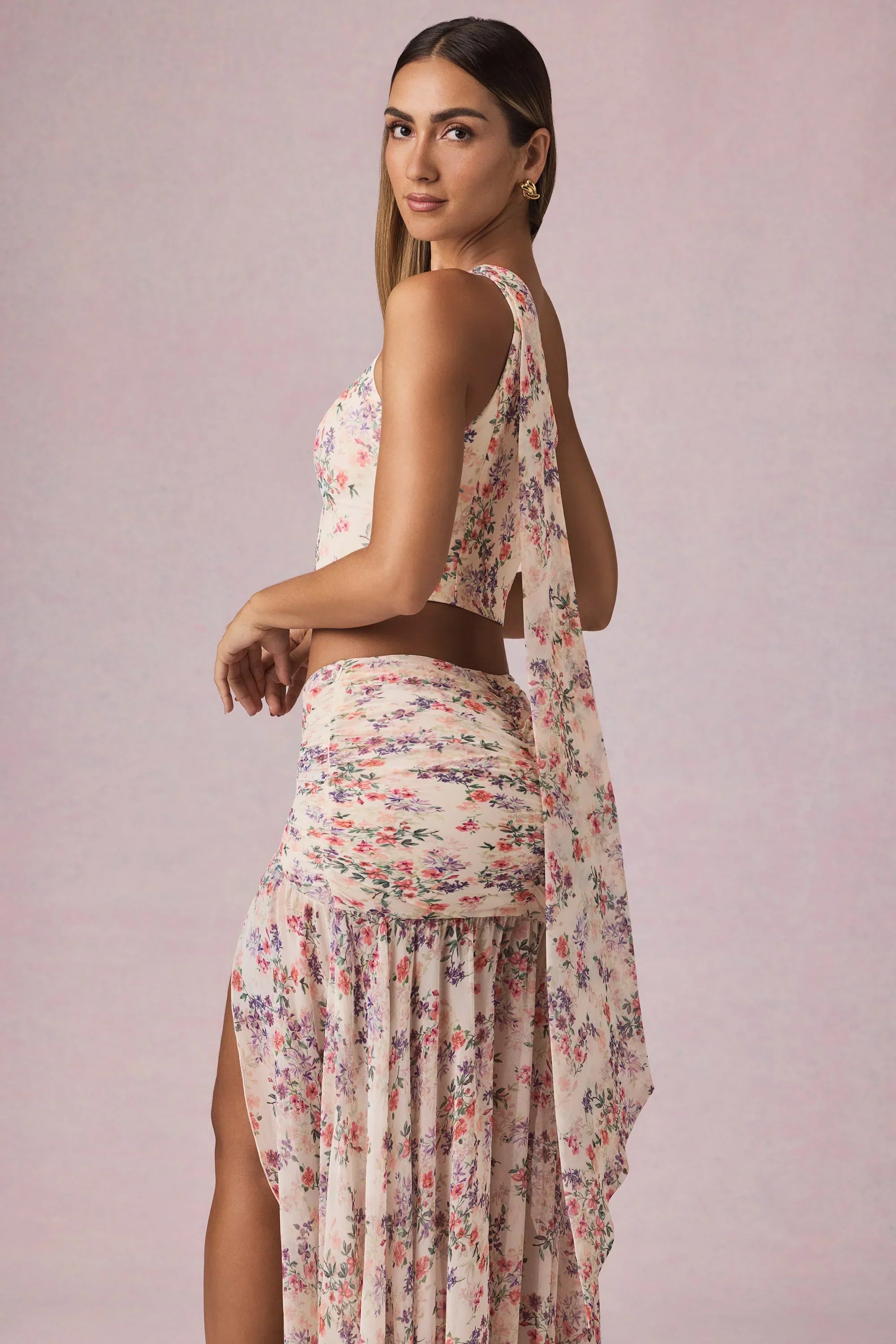 Scarf Detail One Shoulder Top in Primrose Floral Print