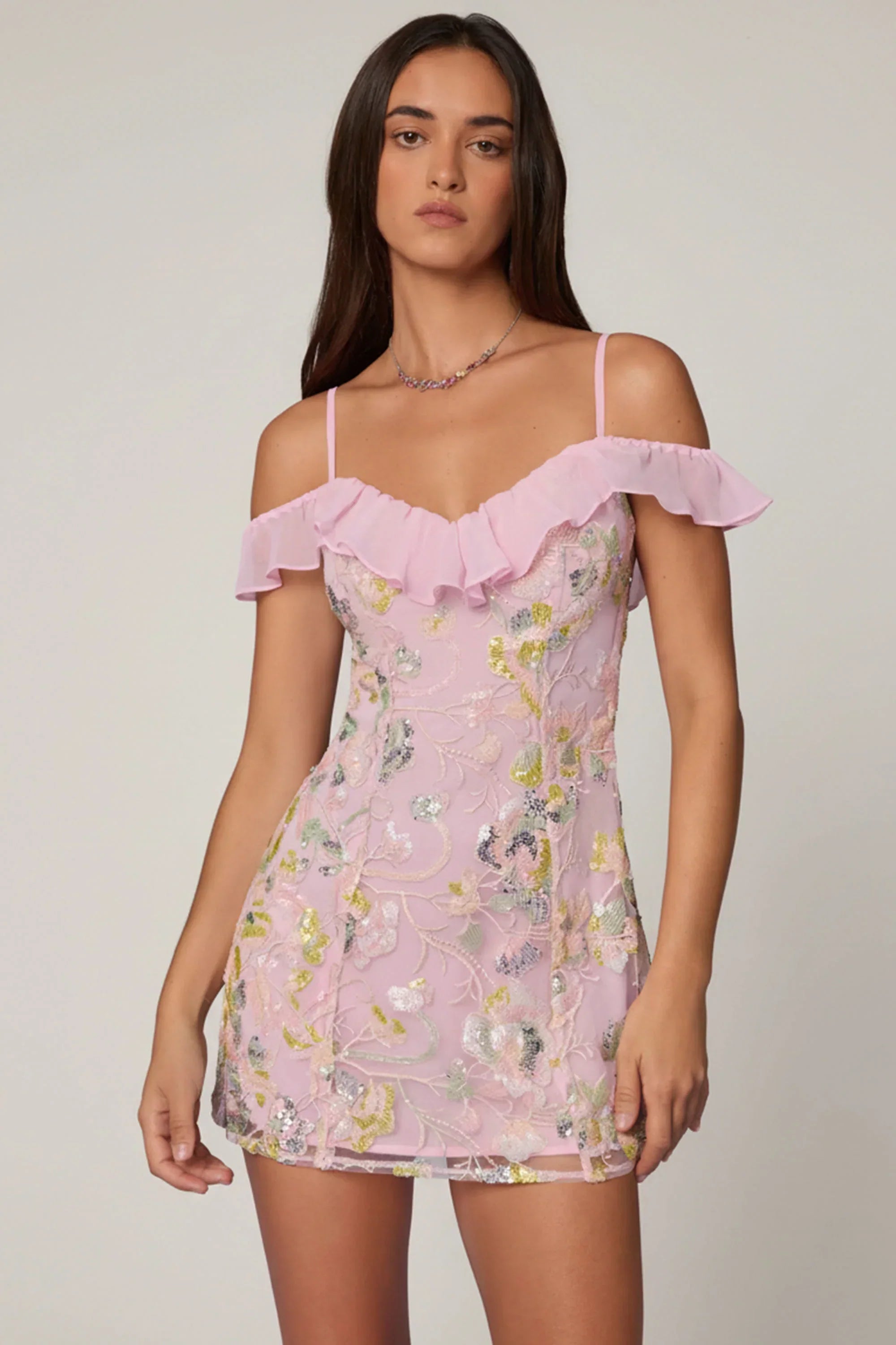 Embellished Lace Up A Line Mini Dress in Soft Pink
