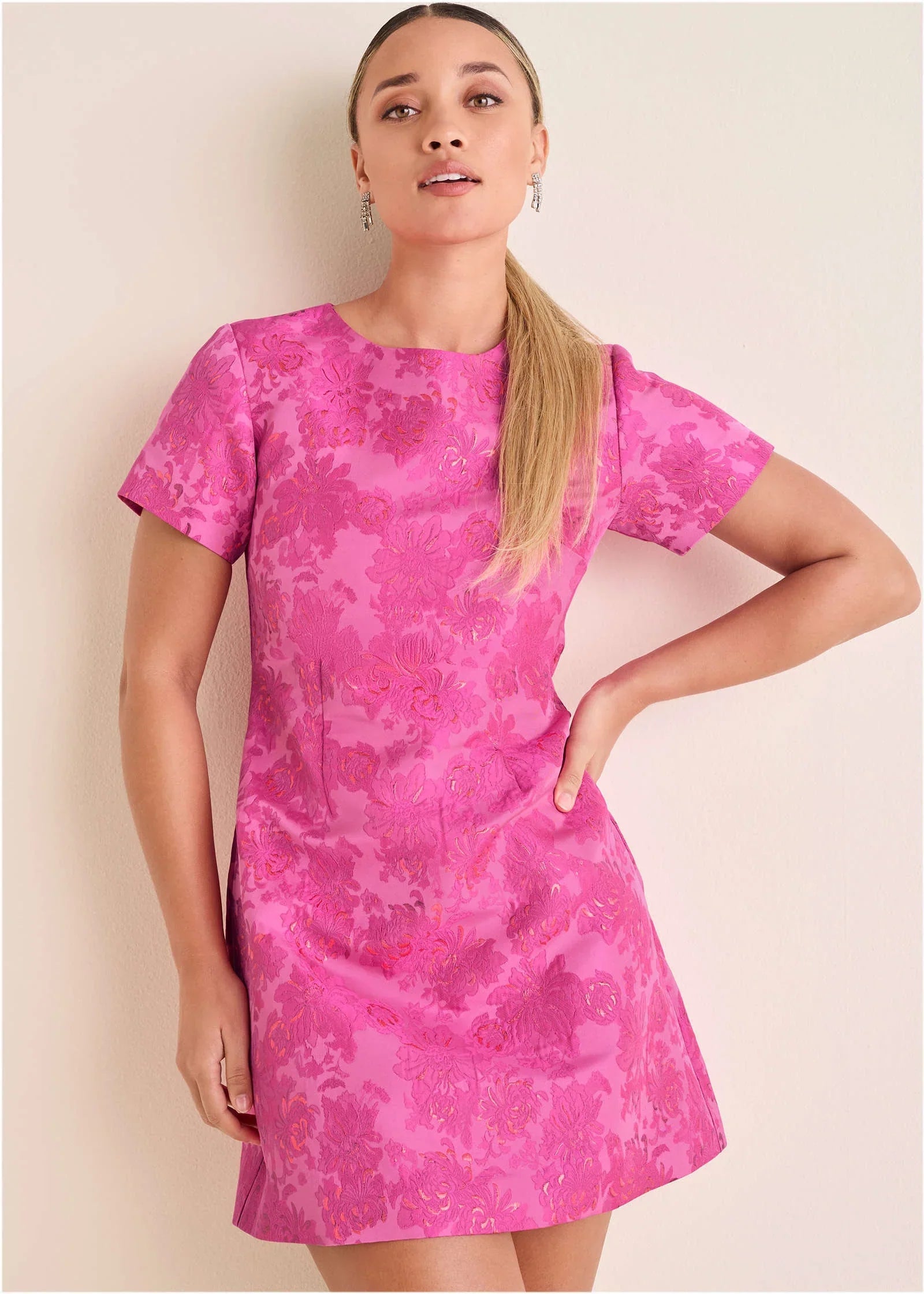 Jacquard A Line Mini Dress Pink Metallic