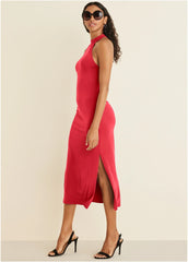 High Neck Midi Dress Red