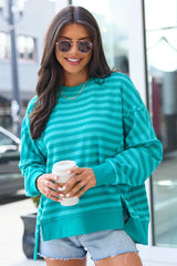 Kara Turquoise Stripe Waffle Pullover
