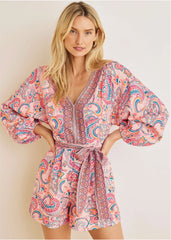 Linen Tie Waist Romper Venetian Paisley