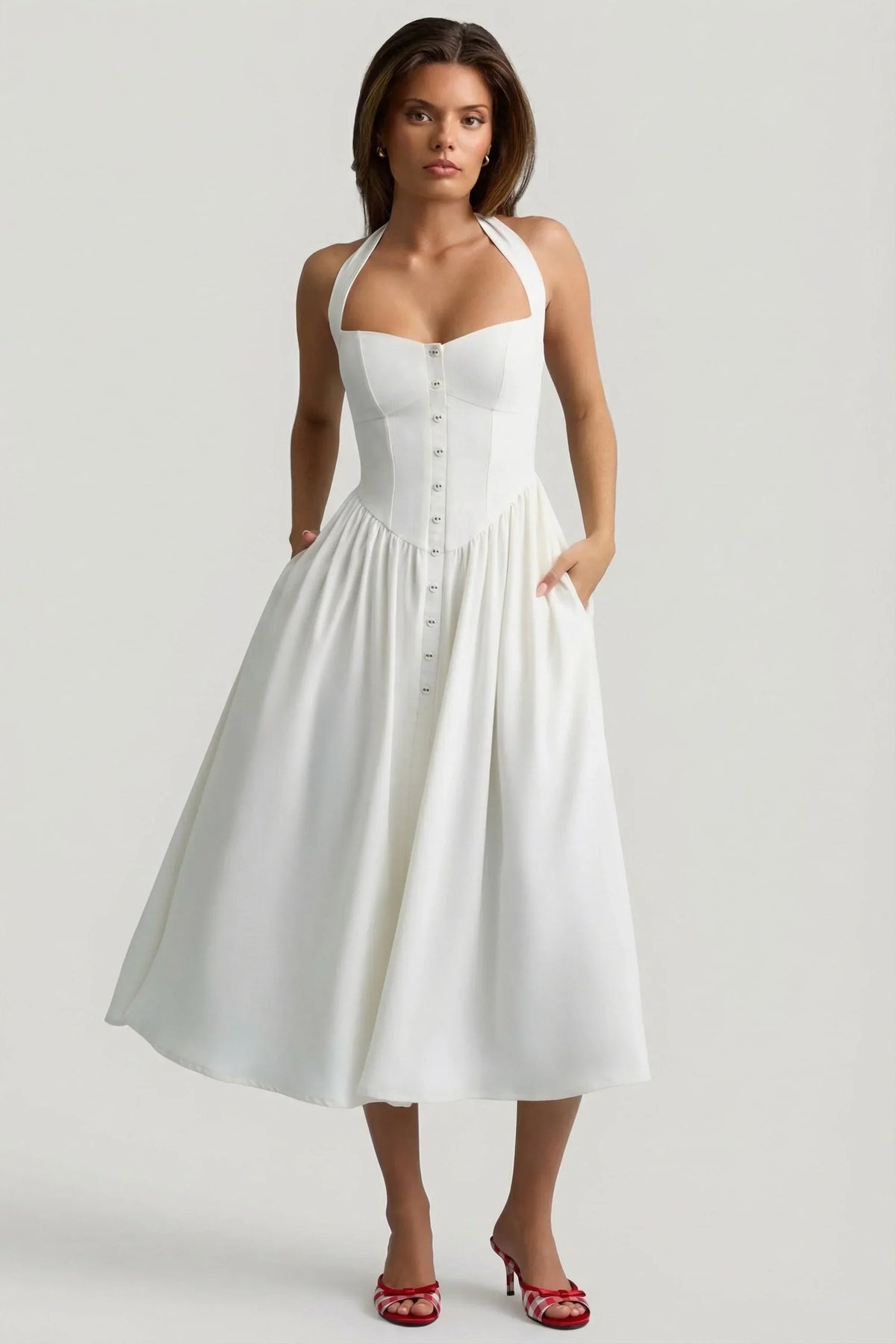 Button Detail Halterneck Midaxi Dress in White