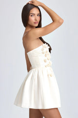 Bandeau Floral Appliqué Corset Mini Dress in Ivory