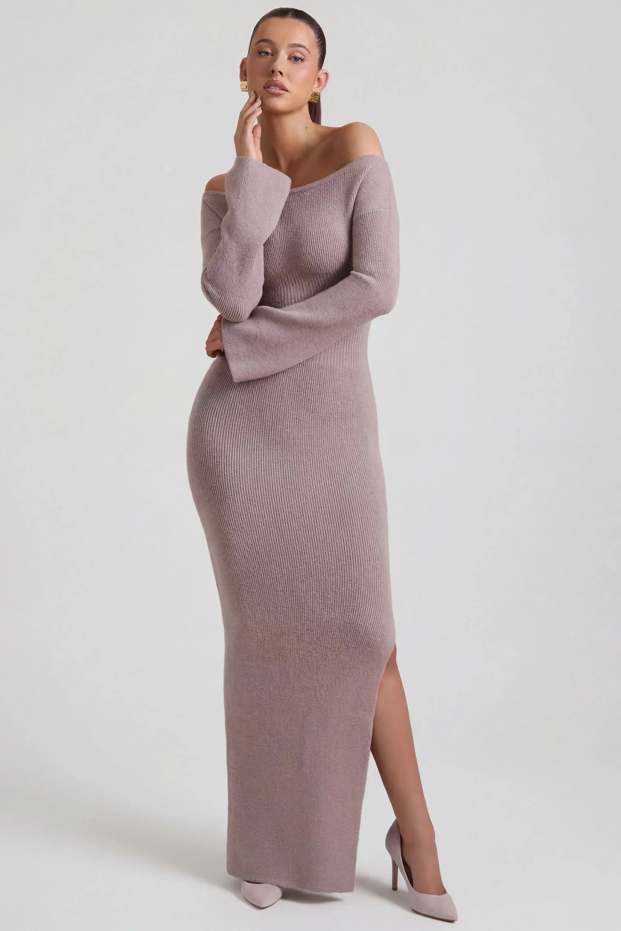 Ribbed Knit Off Shoulder Maxi Dress in Taupe