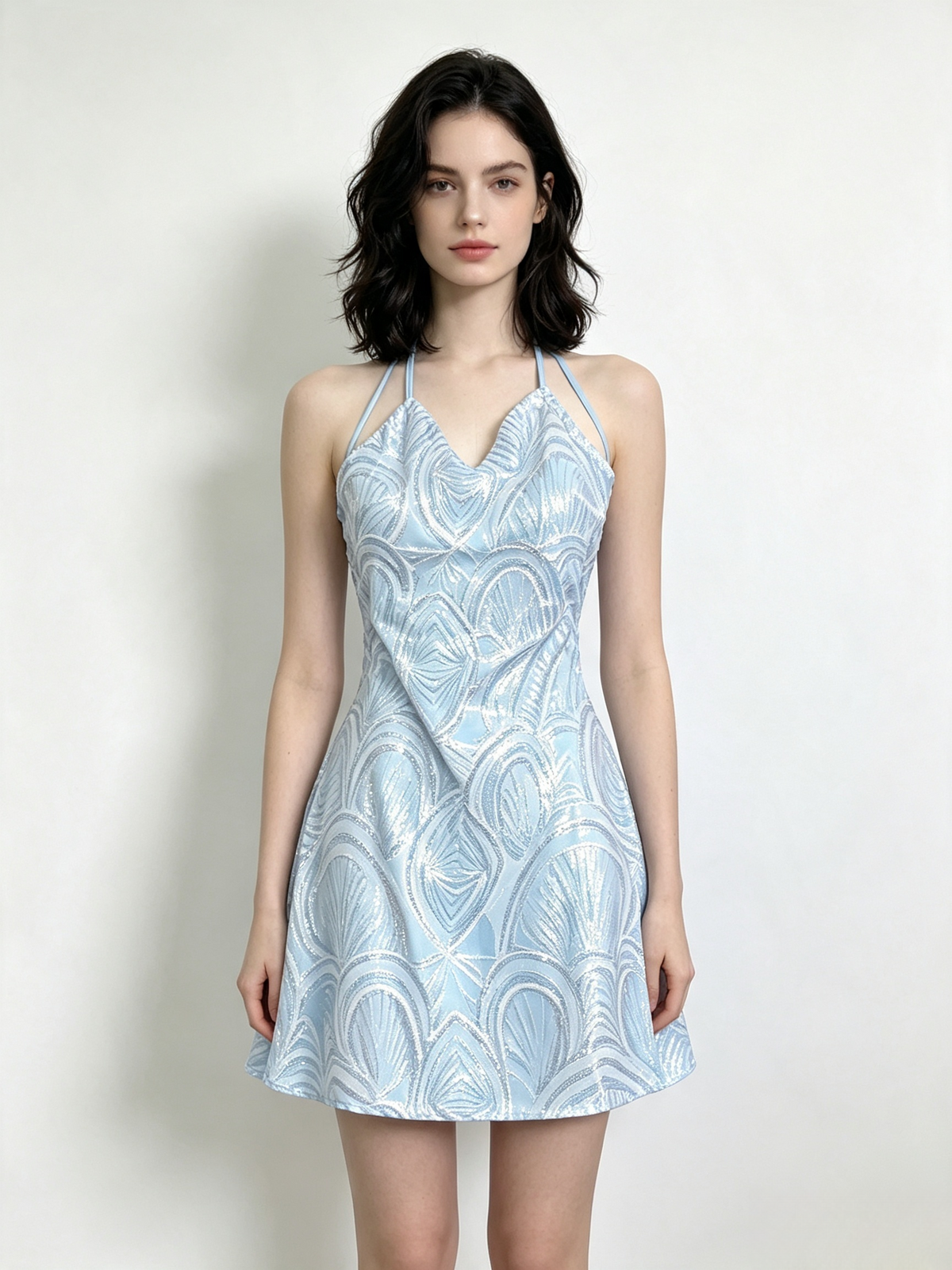 Light Blue Iridescent Sequin Halter Mini Dress
