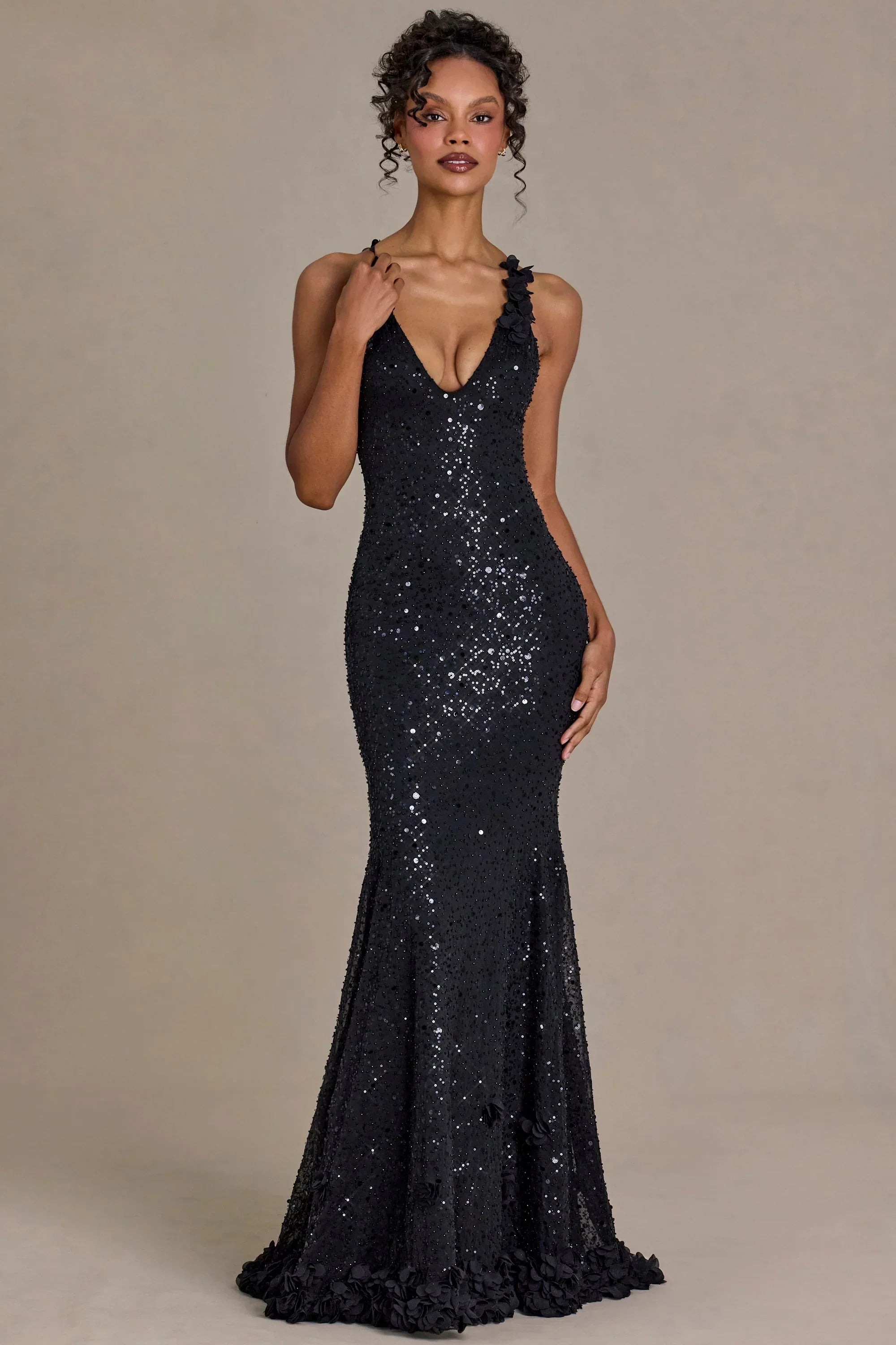 Embellished Plunge Open Back Gown in Black