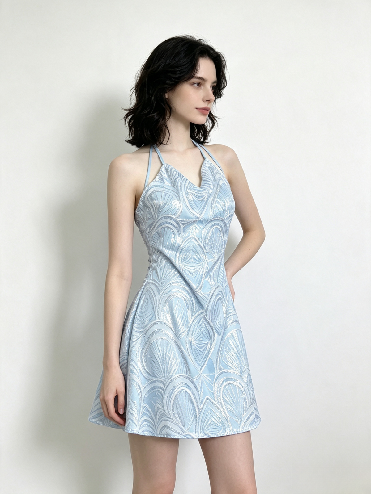 Light Blue Iridescent Sequin Halter Mini Dress