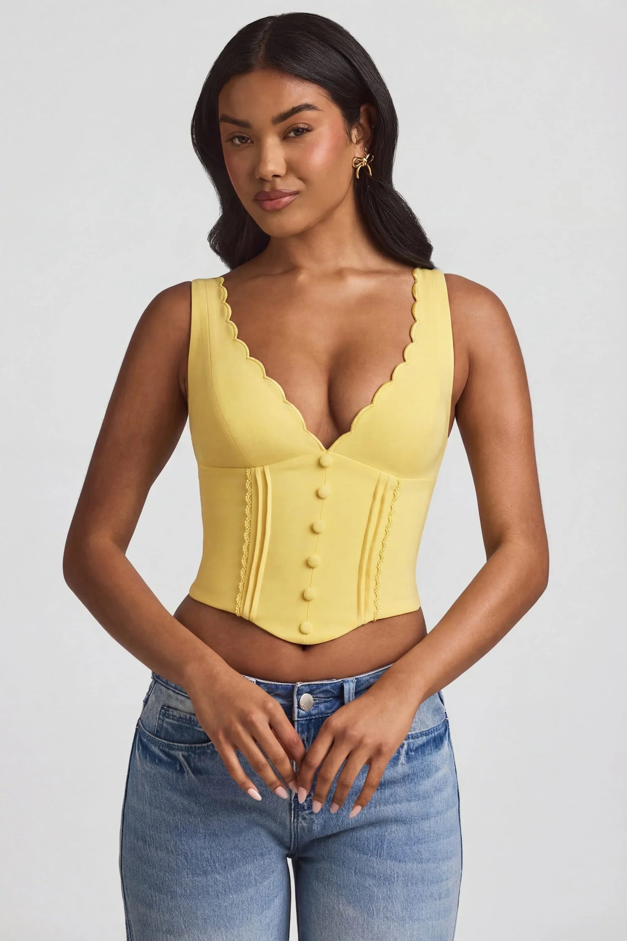 Plunge Neck Scalloped Corset Top in Pastel Yellow